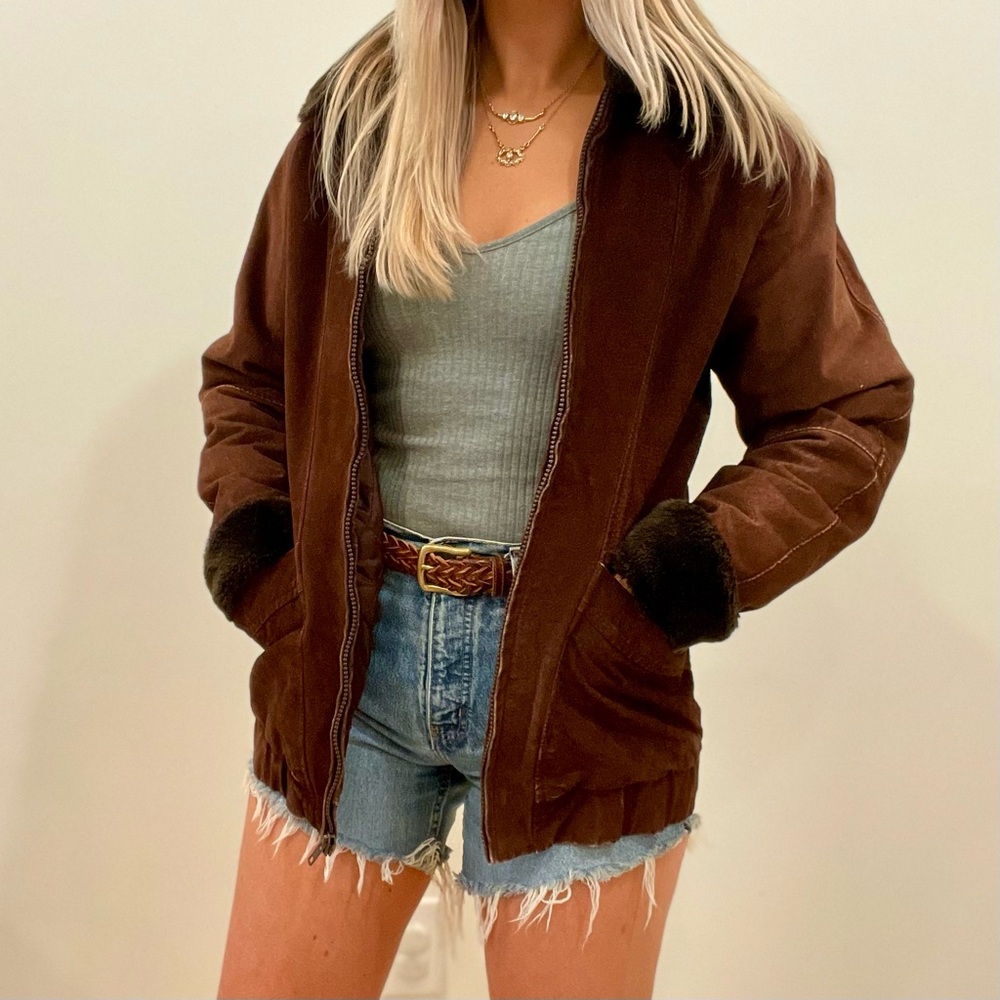 Vintage Suede Leather Faux Fur Collared Bomber Jacket in Chocolate Brown